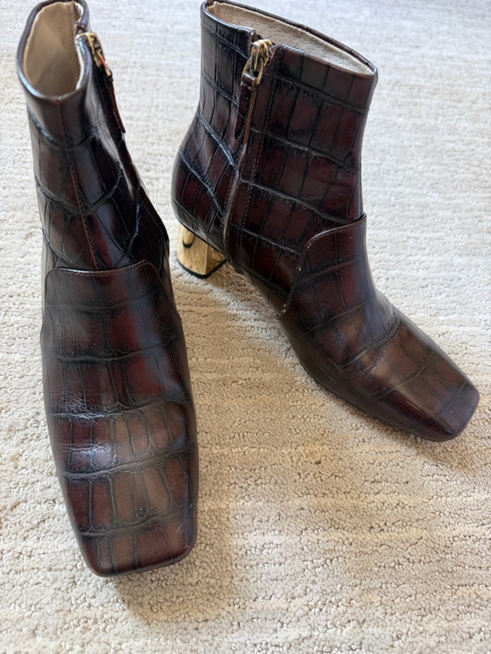 Nanushka Burgundy Croc-Embossed Square-Toe Ankle Boots with Gold Heel